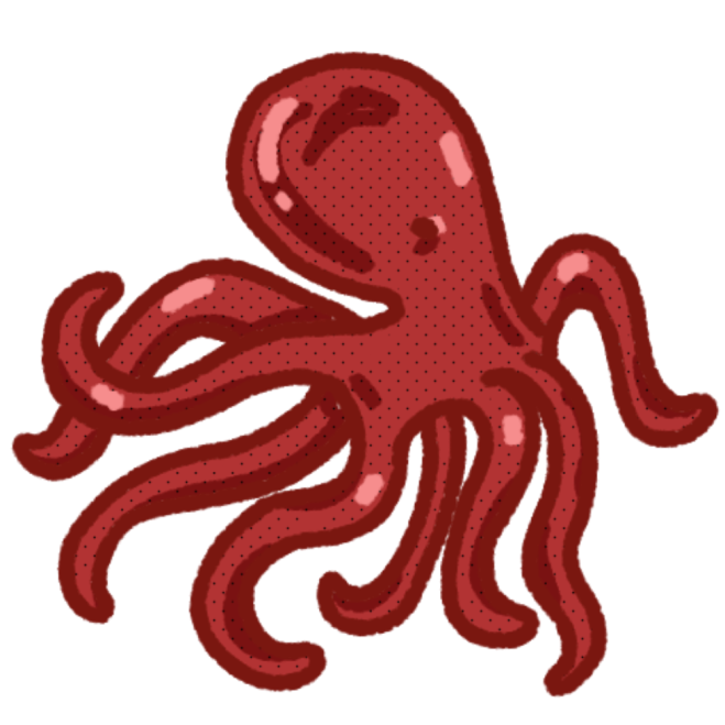 A drawing of a red octopus